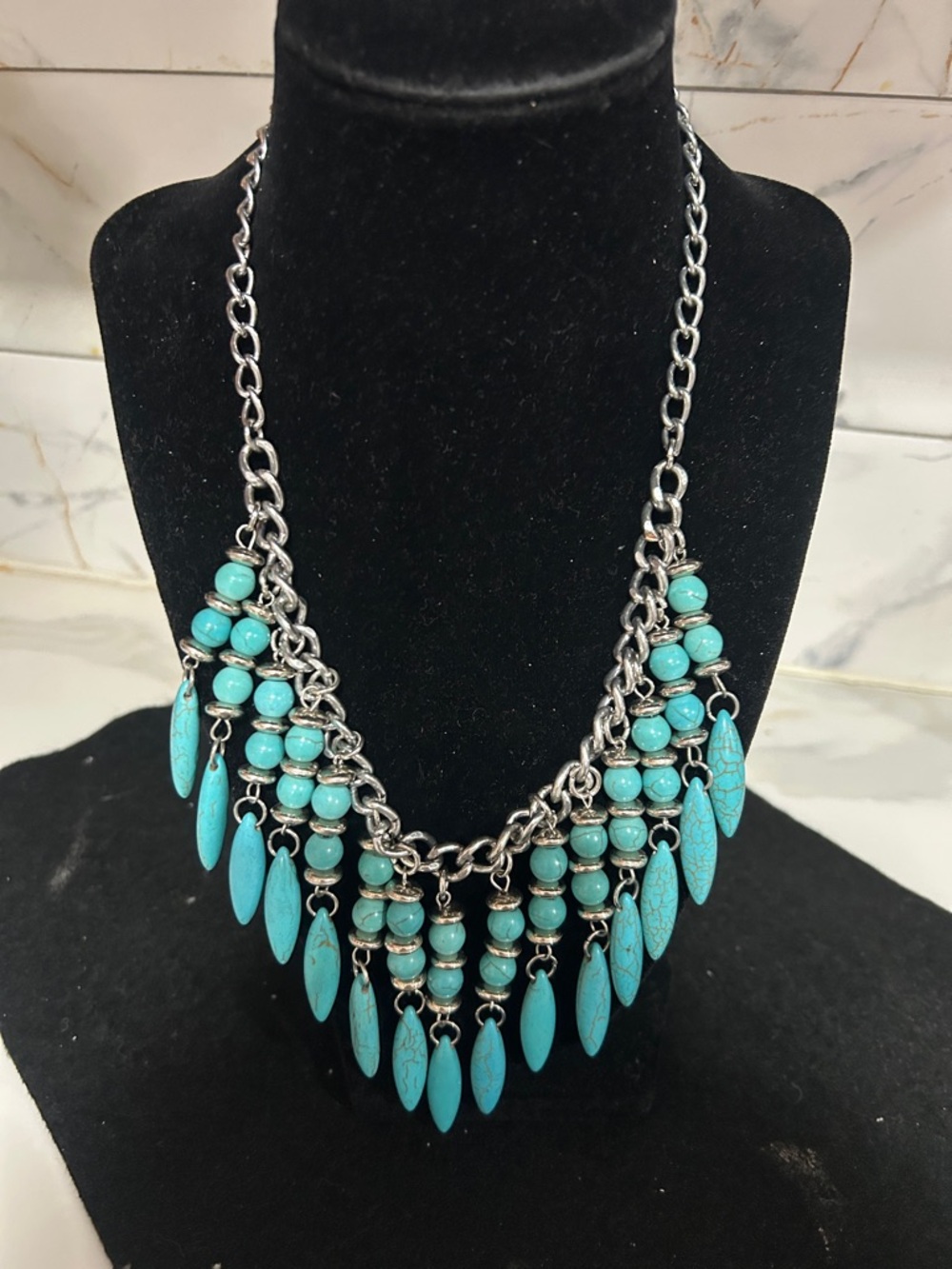 Turquoise Bead Fringe Necklace - Women Jewelry